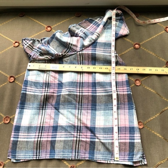 Anthropologie Top Plaid One Shoulder Pink Blue  (S) - Picture 7 of 7